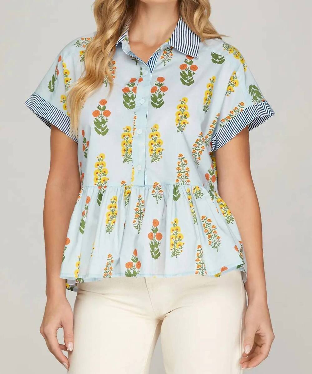 NEW SHE + SKY drop shoulder button down printed top in light blue